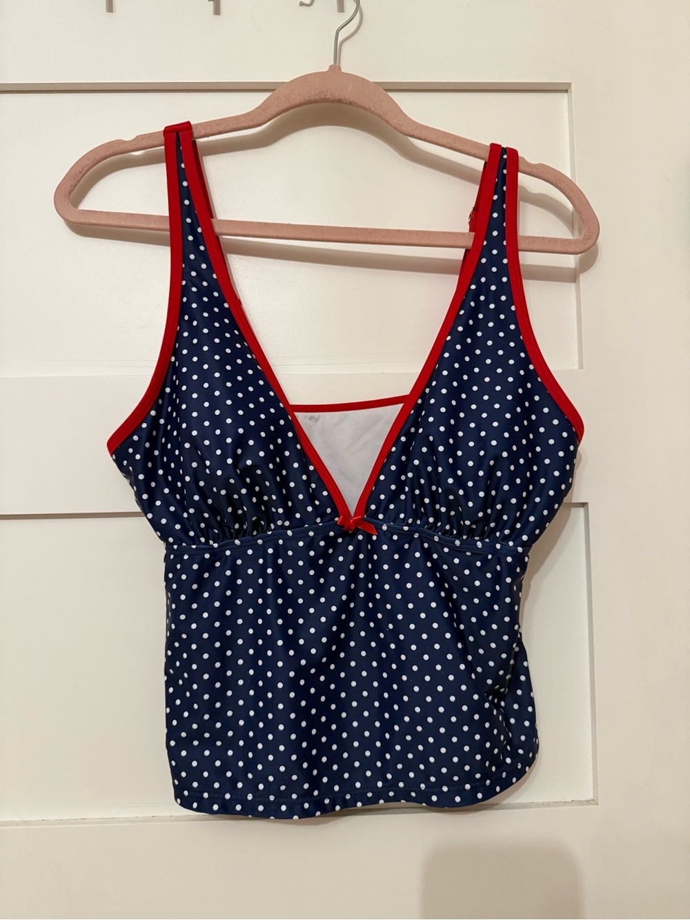 Zaful Navy Polka Dot Bandeau Tank with Red Trim